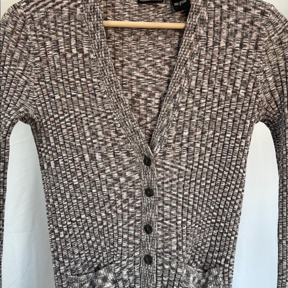 Sleek tight knit plunge v neck cardigan in soft colors large Moda International